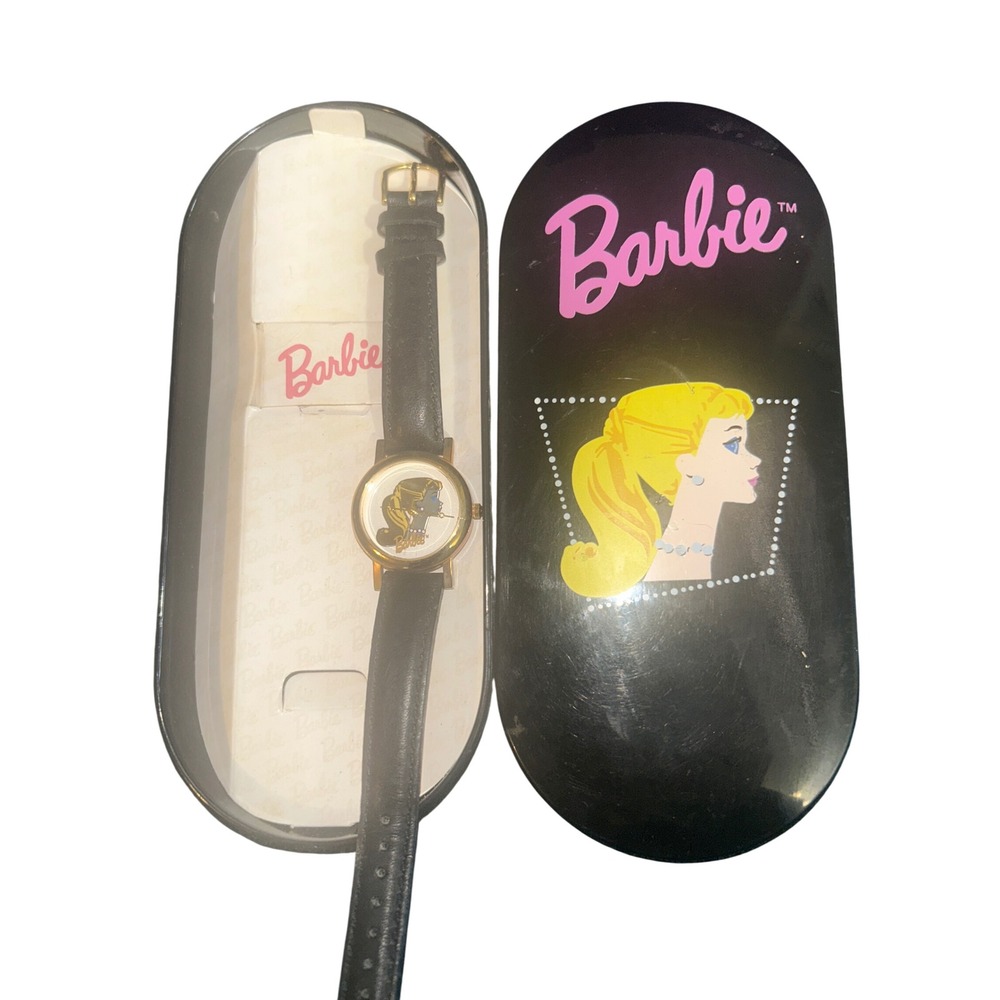 Vintage Barbie Watch Black Leather Gold Tone Ponytail Silhouette with Tin